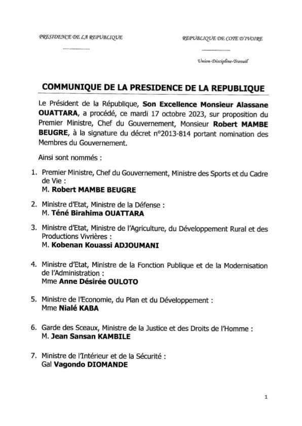 Côte d'Ivoire| Gouvernement Mambé 1